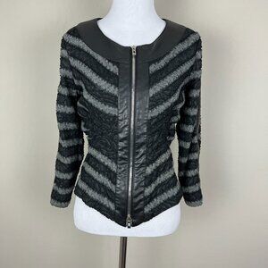 Joseph Ribkoff Jacket Womens 6 Black‎ Leather Striped Ruffle Full Zip Cropped